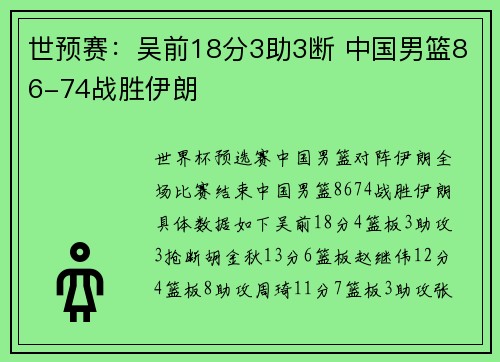 世预赛：吴前18分3助3断 中国男篮86-74战胜伊朗